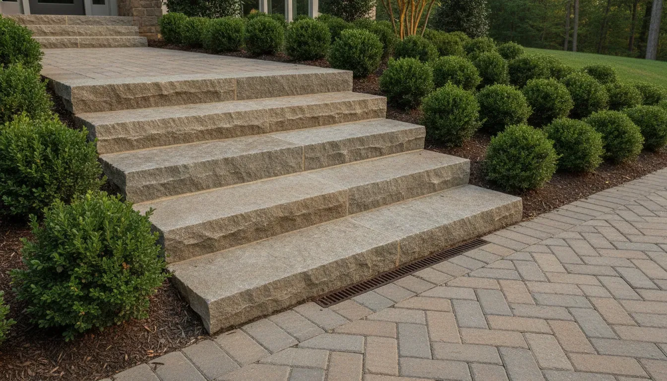 Textured natural stone outdoor steps with a drainage channel beside a paver walkway