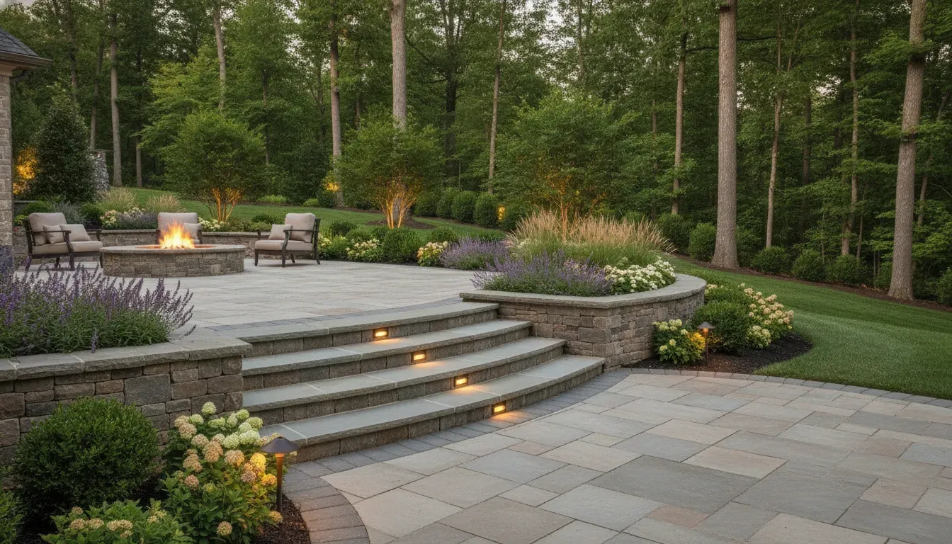 Custom stone steps connecting a patio and low retaining wall in a landscaped yard