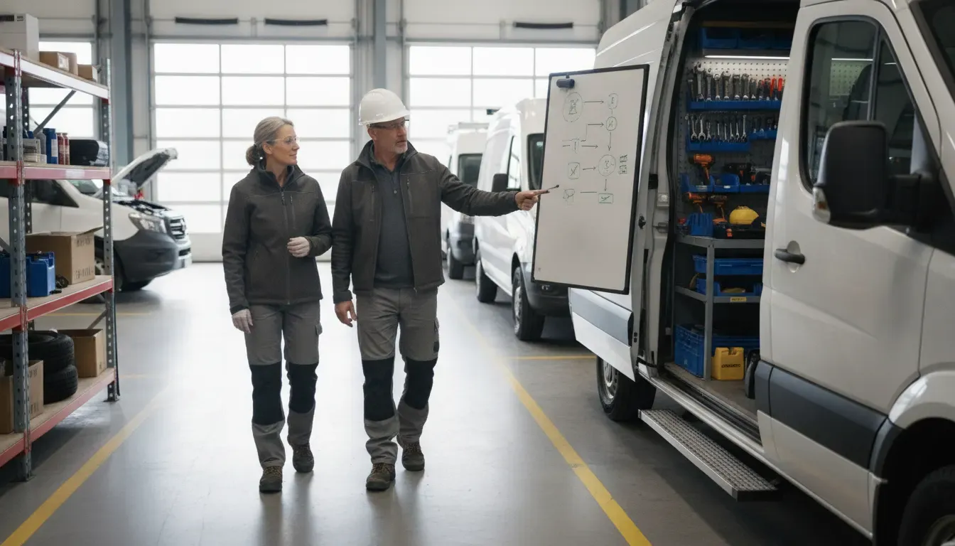 Fleet managers discussing a preventive maintenance workflow for advanced fleet management