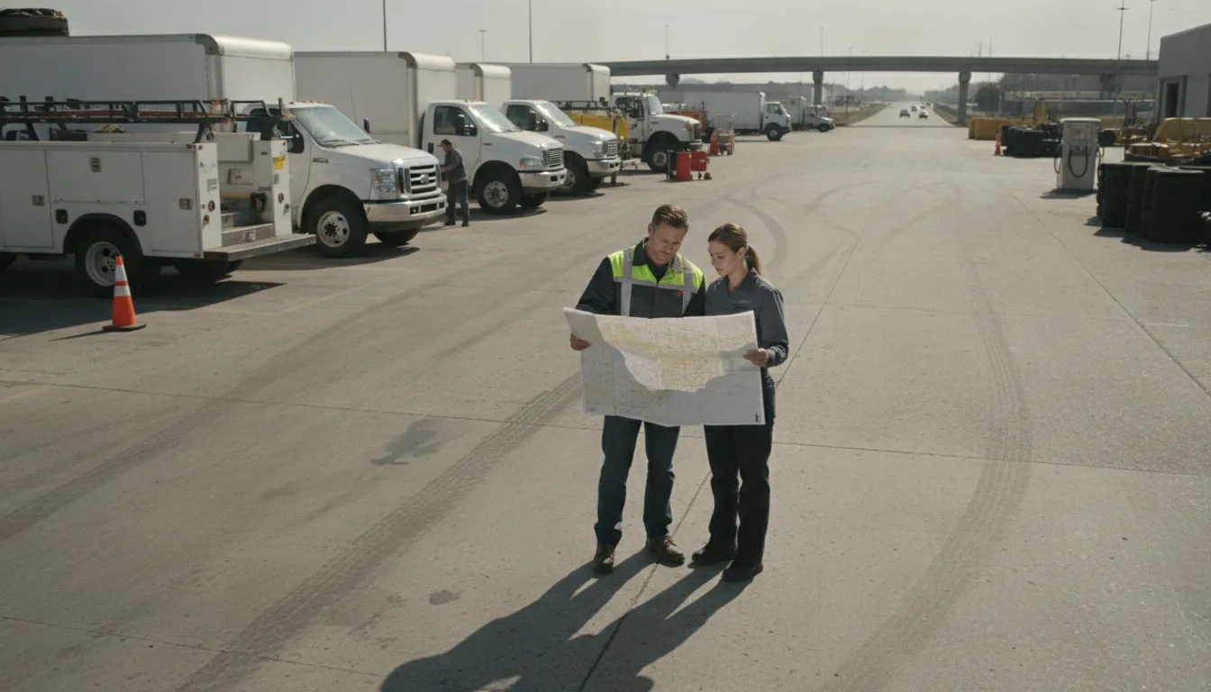 Fleet operations manager planning routes beside service vehicles