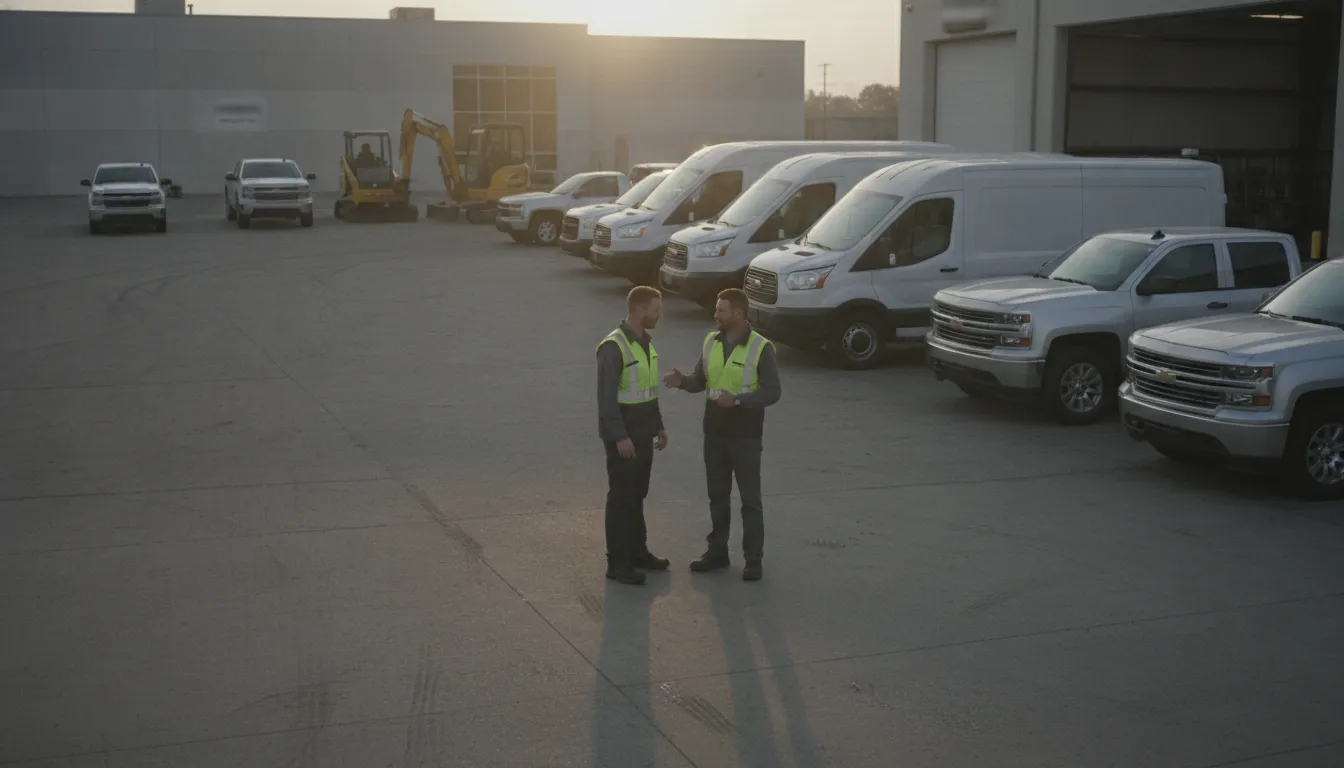Fleet manager reviewing vehicles and equipment at a business fleet yard