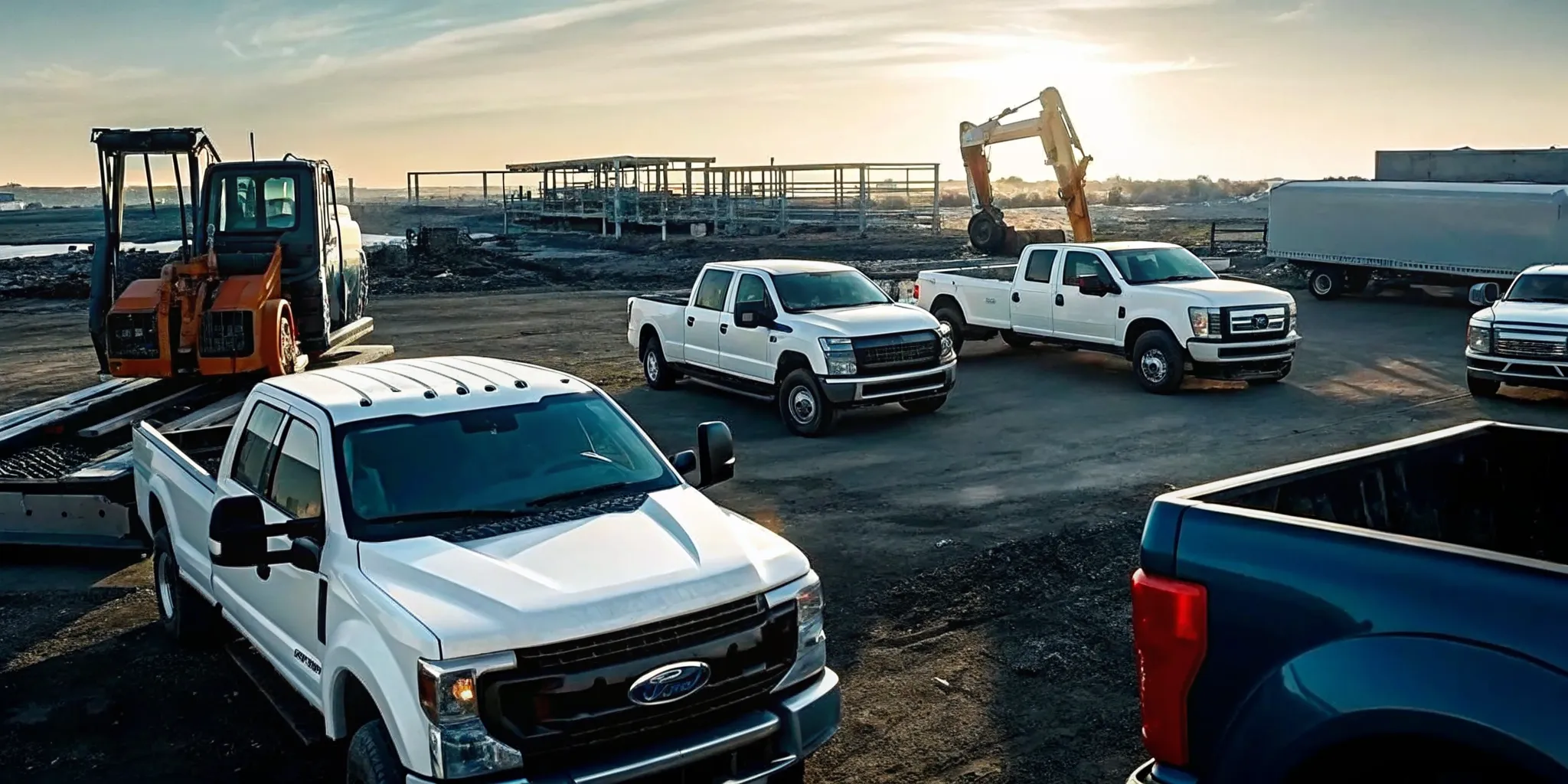 Mixed construction fleet vehicles and heavy equipment on a job site