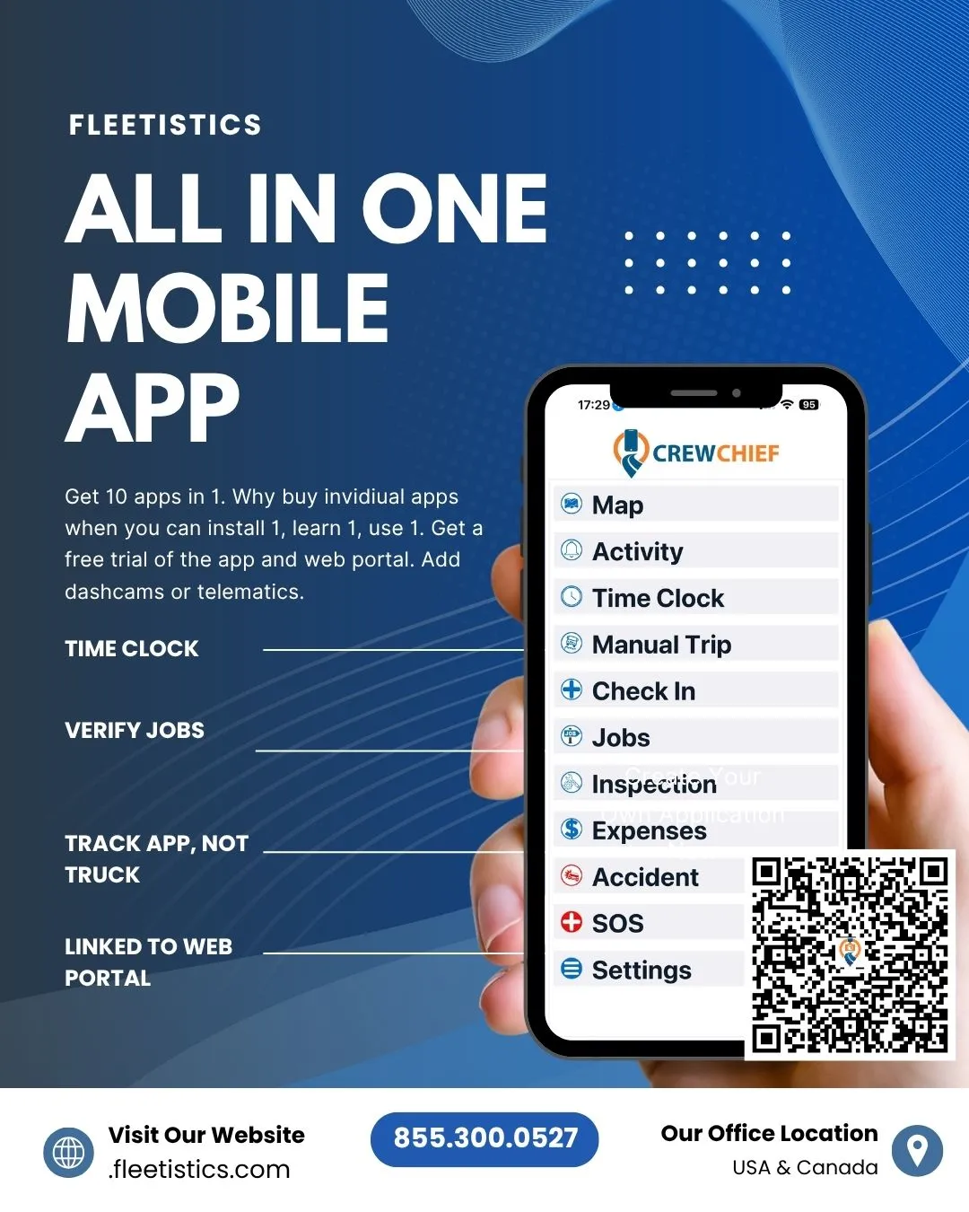 CrewChief fleet management mobile app showing tracking, time clock, and safety features