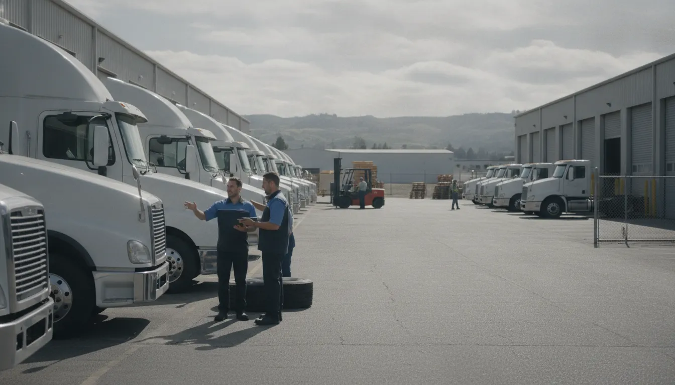 Commercial fleet trucks at an operations yard