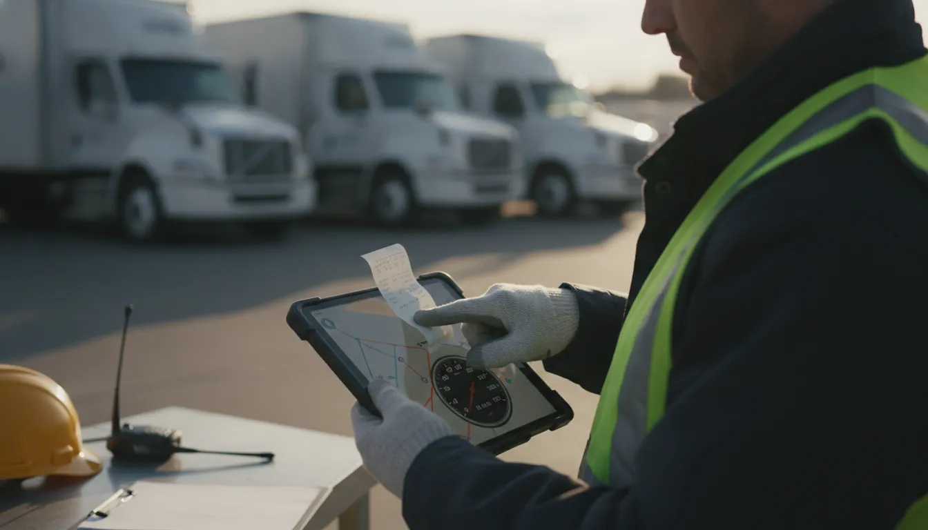 Fleet supervisor comparing a fuel receipt, odometer reading, and route data