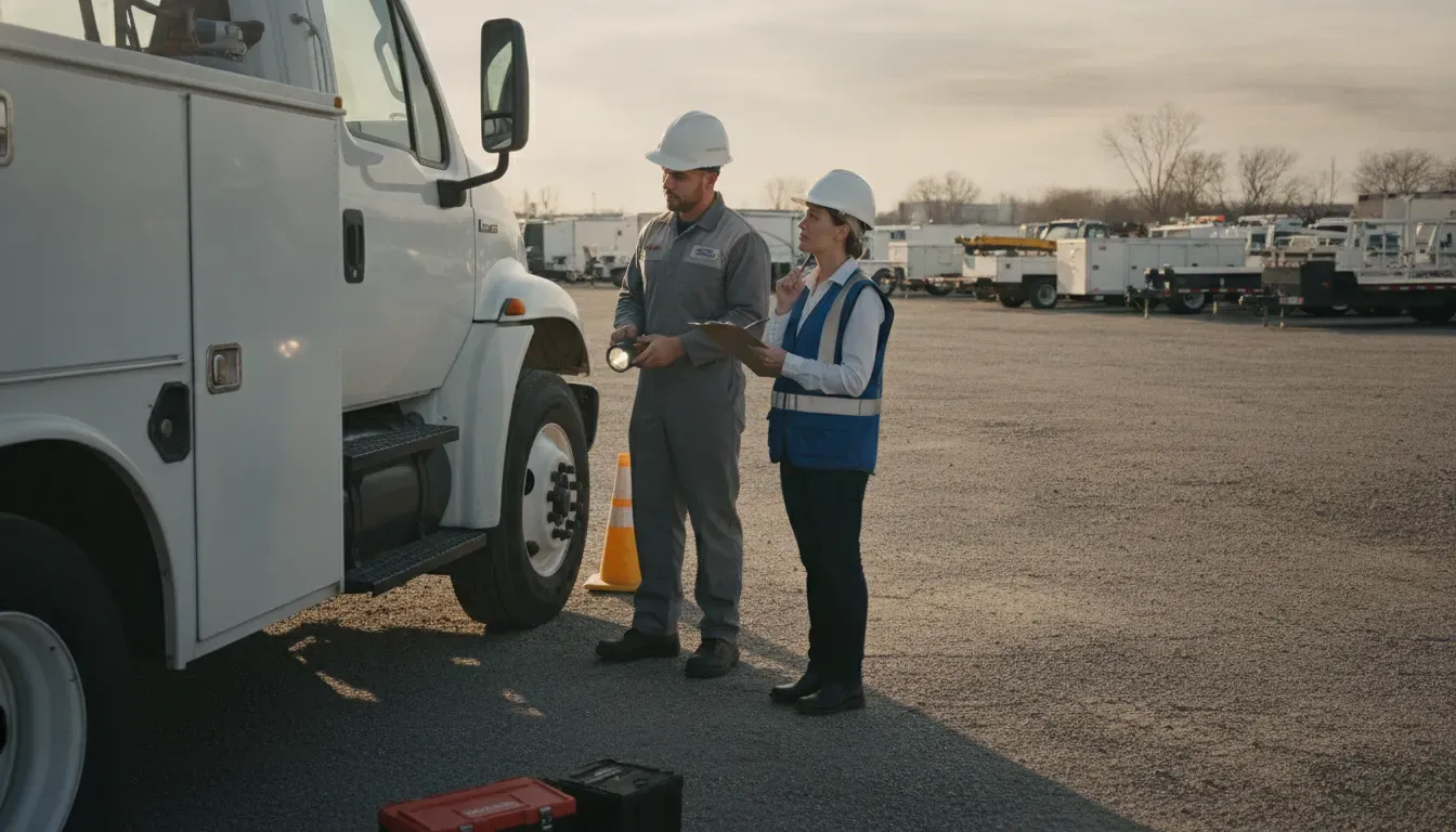 Maintenance technician and fleet manager inspecting a commercial service vehicle
