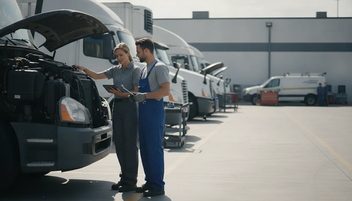 Fleet maintenance manager reviewing vehicles with a technician