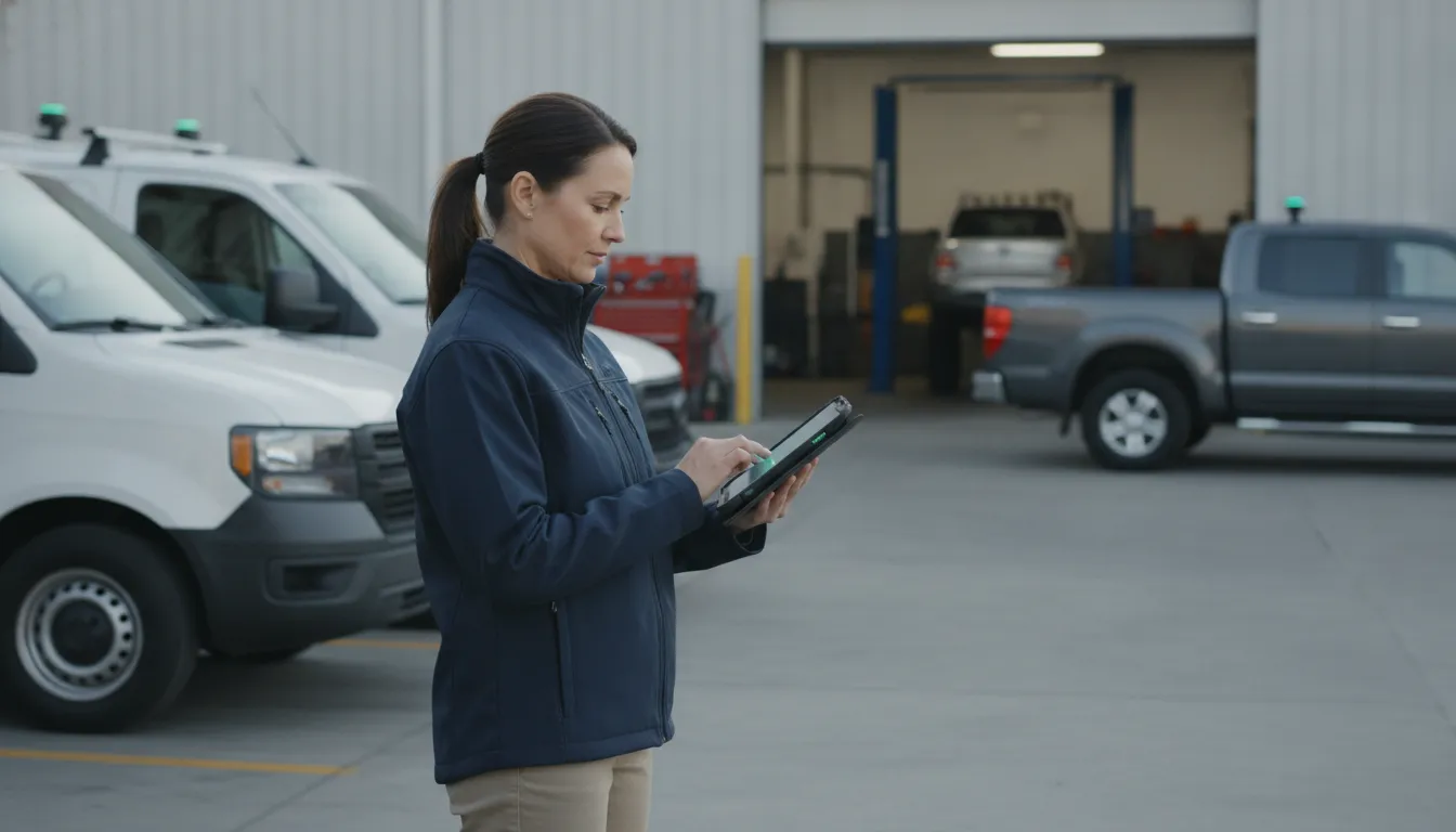 Small business fleet manager reviewing maintenance schedules beside service vehicles