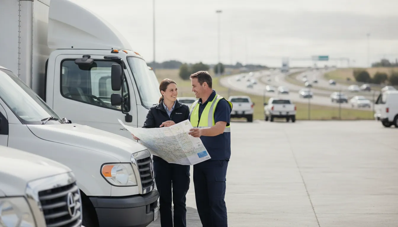 Fleet manager and driver reviewing a route plan beside commercial fleet vehicles