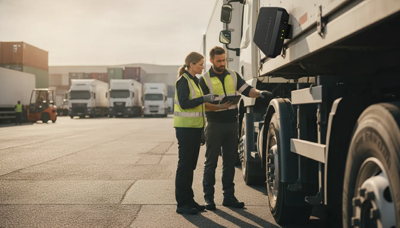 Fleet safety manager reviewing vehicle safety performance with a professional driver