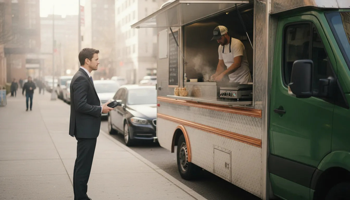 Food truck manager reviewing a tracked service location