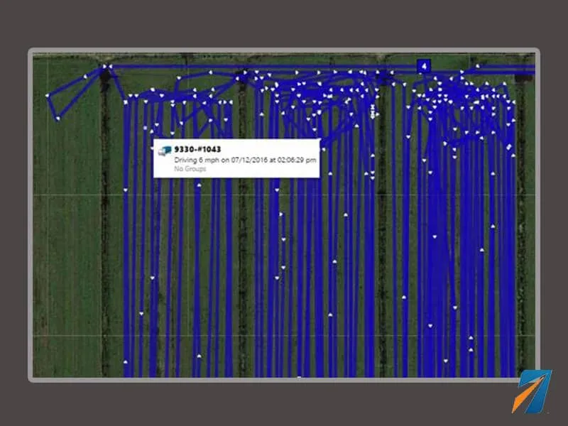 GPS asset tracking map showing equipment locations and movement paths across farm fields