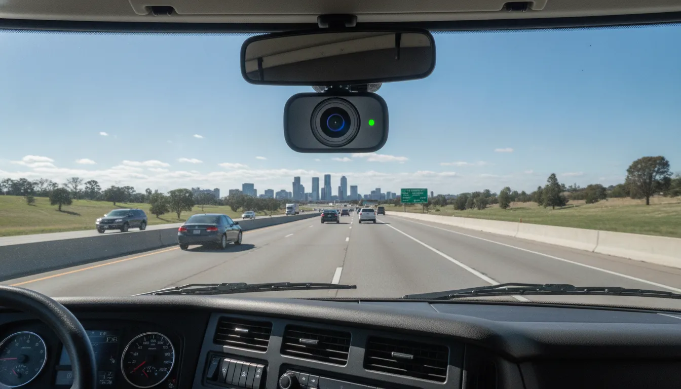 Commercial truck dashcam installed on windshield recording road ahead