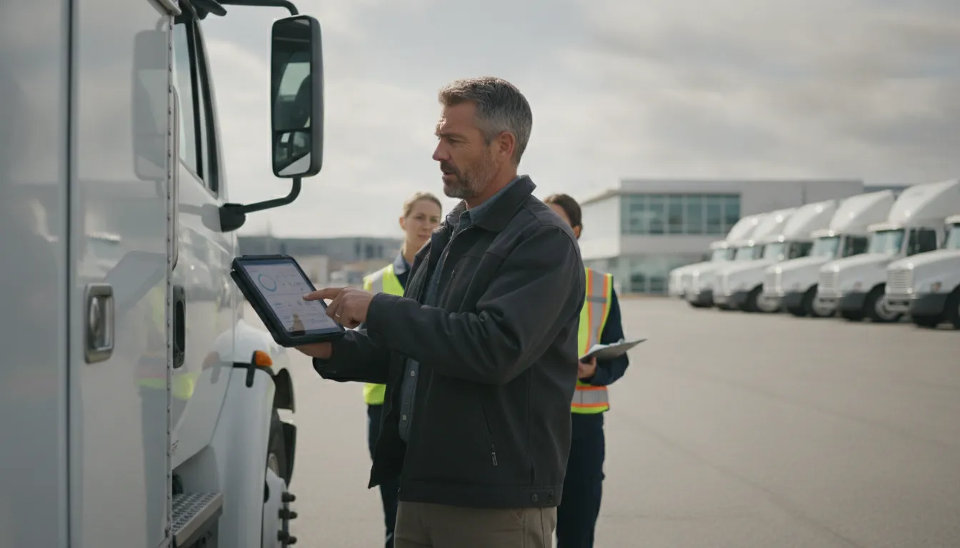Fleet manager reviewing ELD compliance beside a commercial vehicle