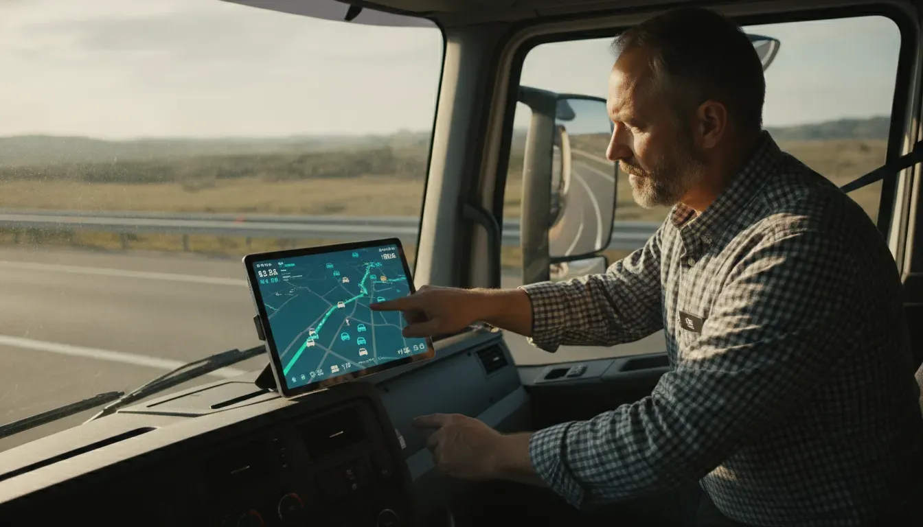 Truck driver checking GPS tracking telematics dashboard on tablet in vehicle cab