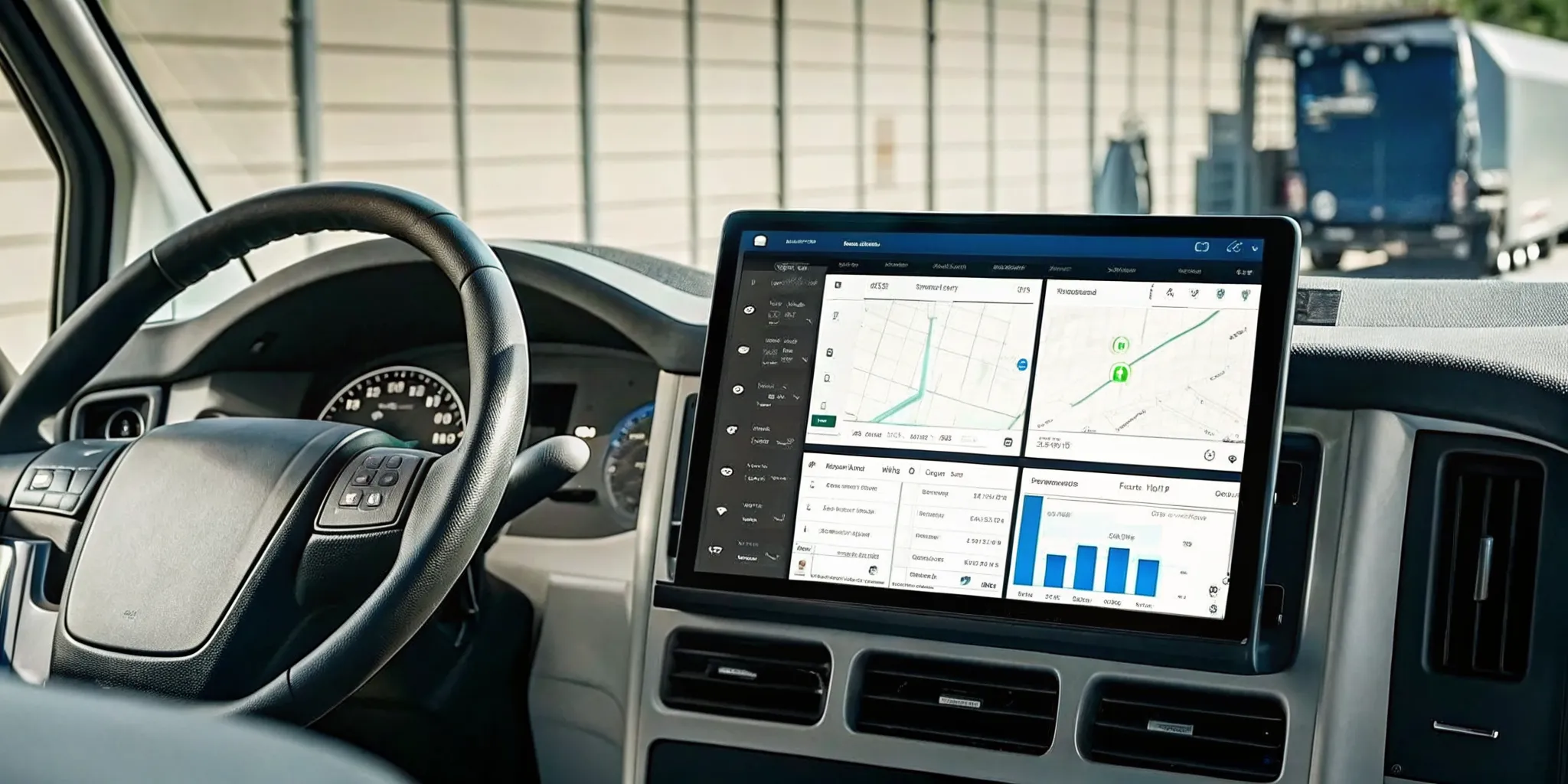 Fleet management portal dashboard showing vehicle maps alerts and analytics