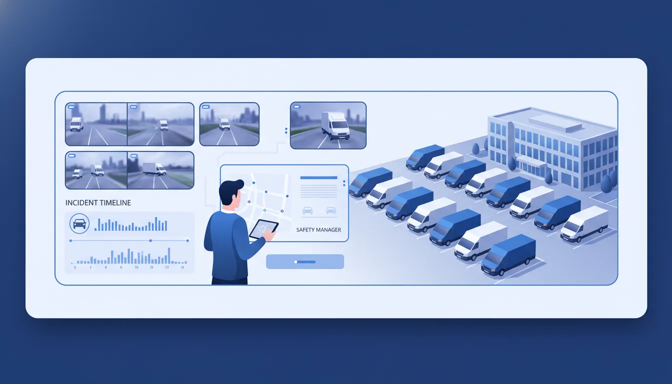 Fleet manager reviewing dash cam incident footage and vehicle data