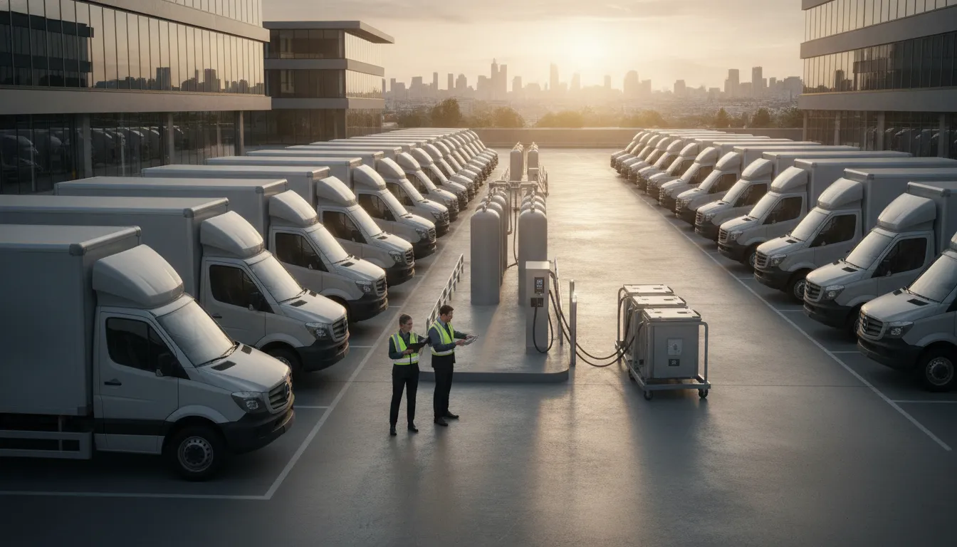 Commercial vehicles at a depot during a fleet idling reduction program
