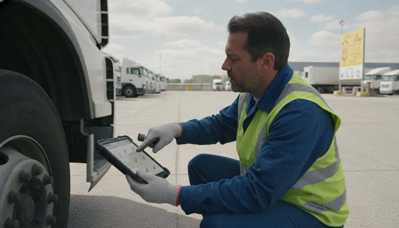 Commercial driver completing a digital pre-trip inspection for fleet compliance