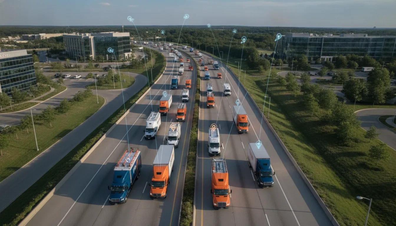 Commercial vehicles connected by fleet GPS tracking for business