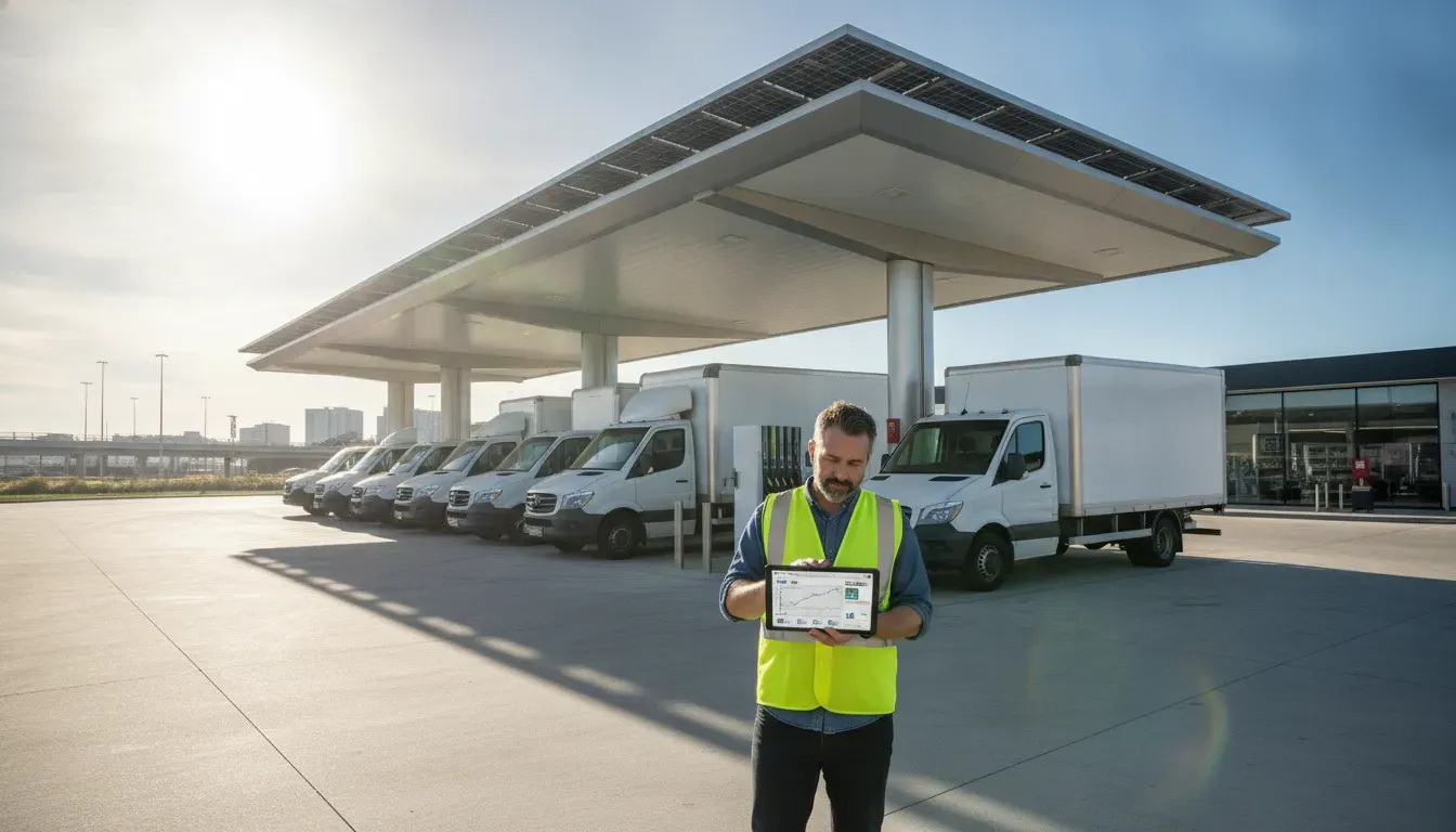 Fleet of commercial delivery trucks parked at a fuel station with manager reviewing data on tablet