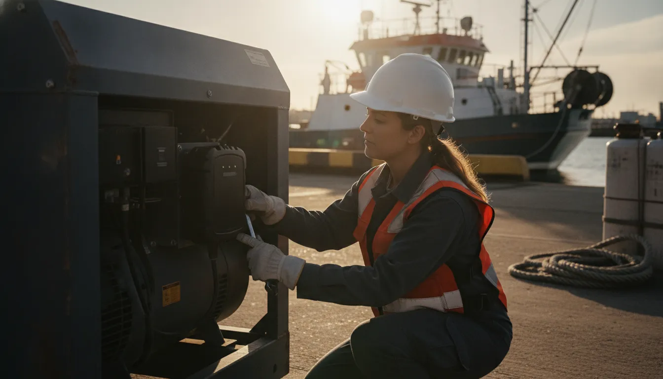 Fleet manager inspecting a GPS tracker on a portable generator