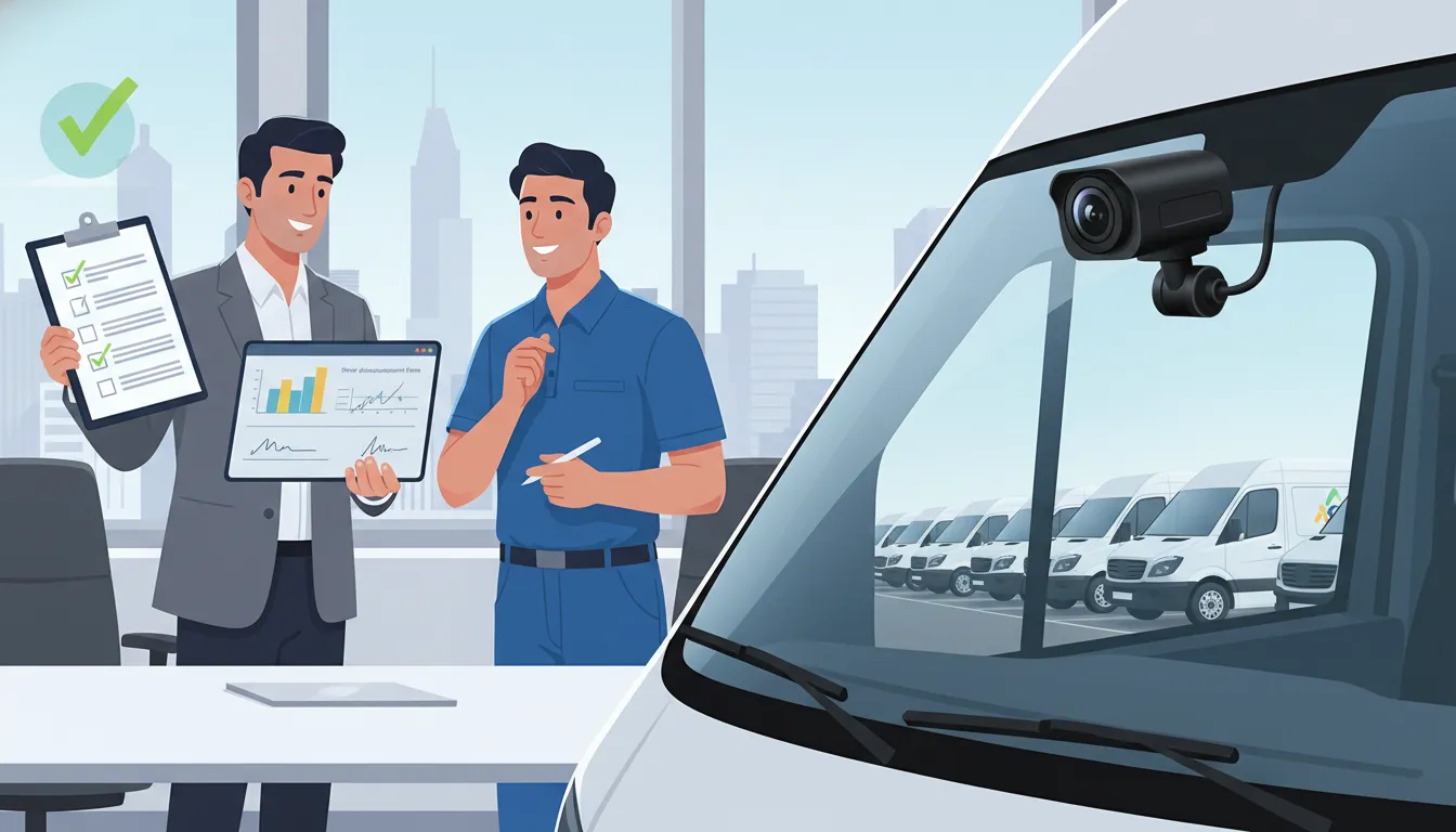 Manager explaining fleet dash cam policy template expectations to a driver