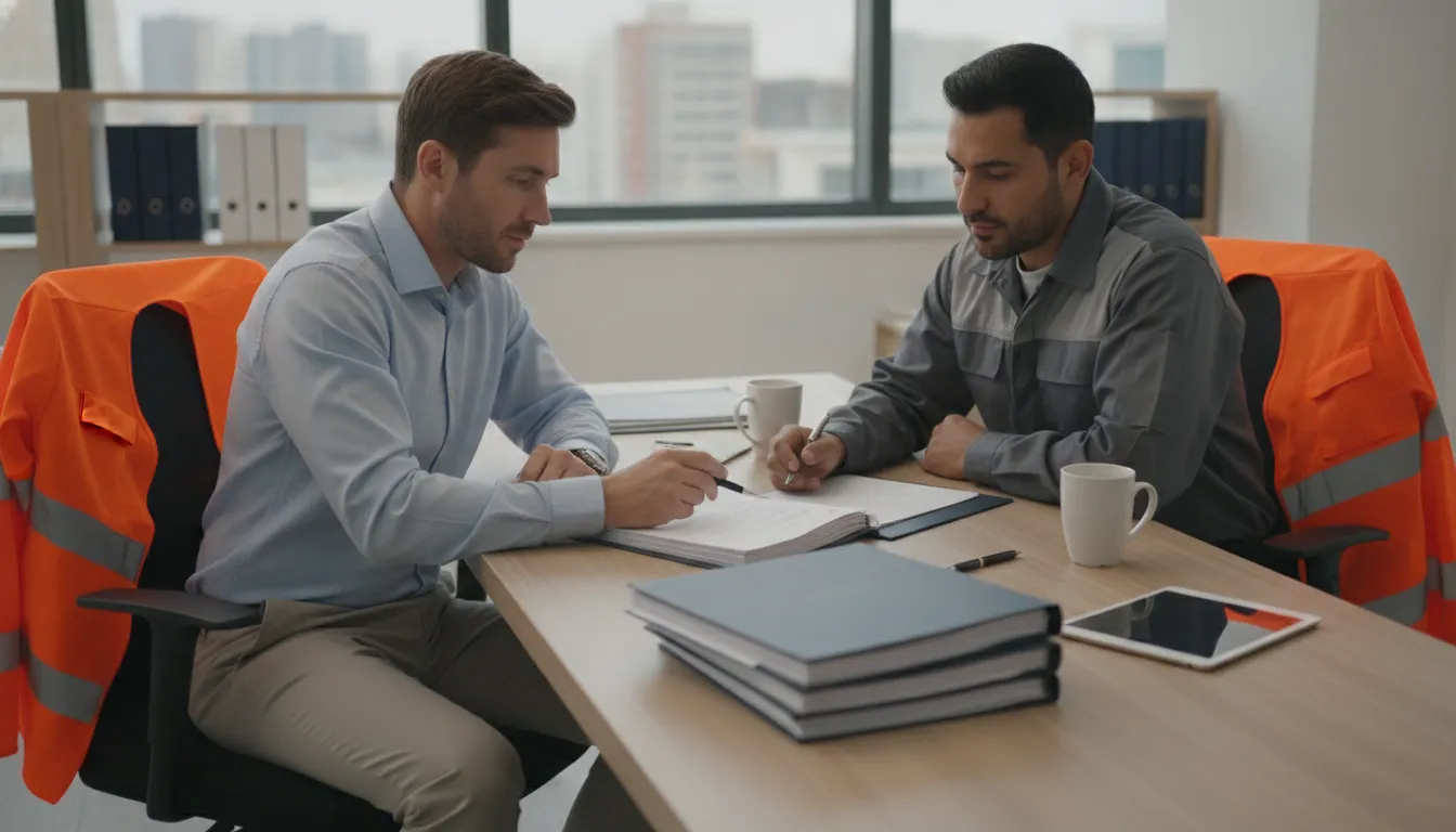 Fleet manager and driver reviewing safety policy documents at a desk