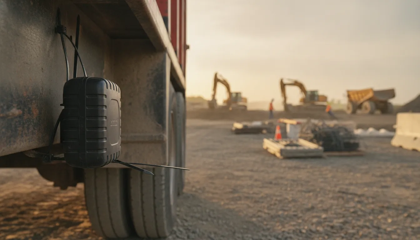 GPS asset tracker mounted on a trailer at a construction job site