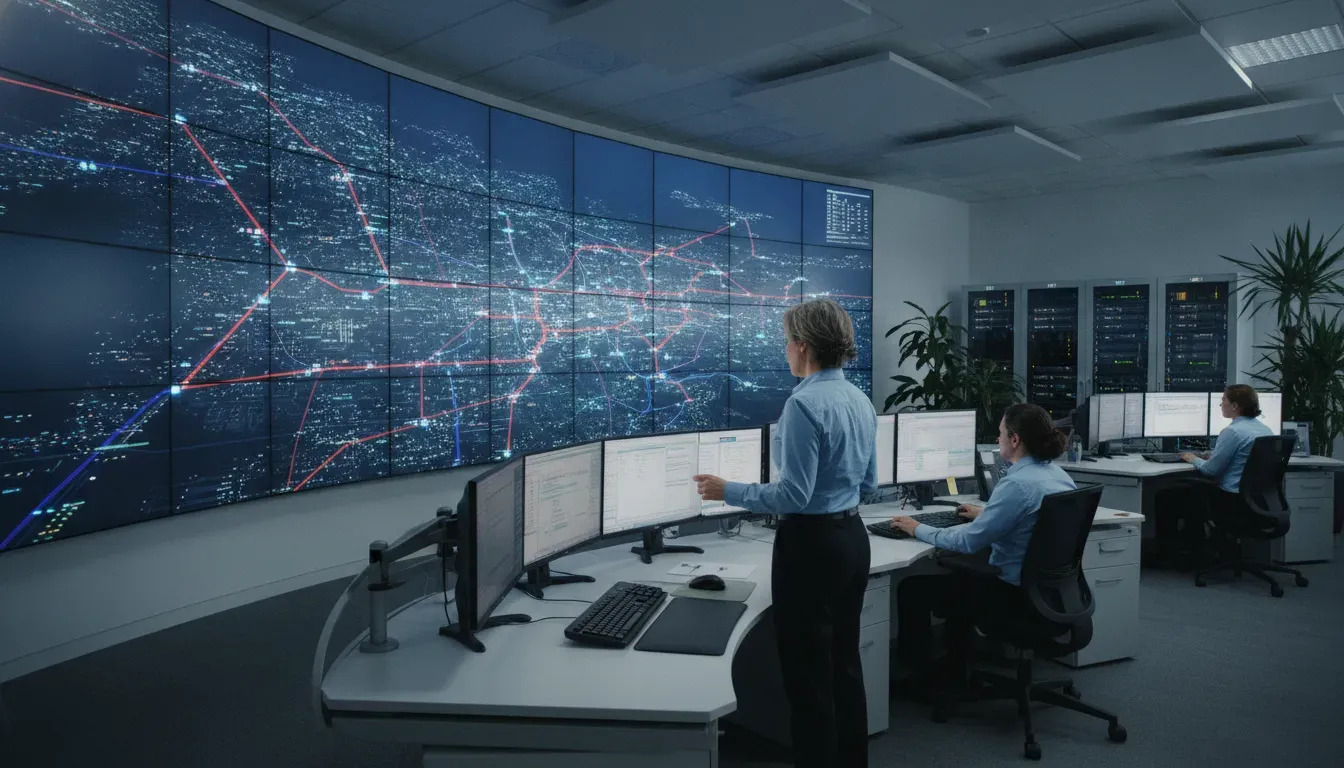 Fleet dispatcher monitoring live vehicle locations on map screens in an operations center