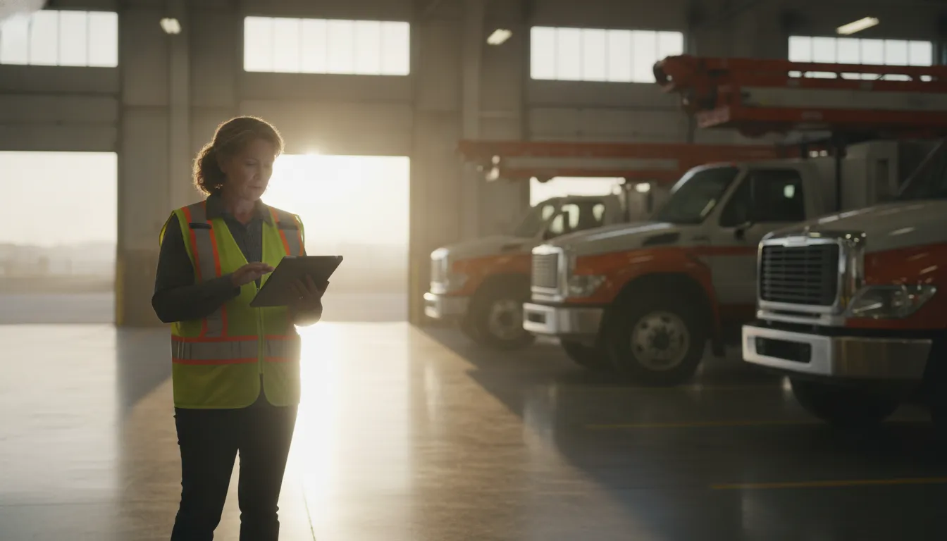 Municipal fleet supervisor reviewing operations beside city maintenance vehicles at a motor pool