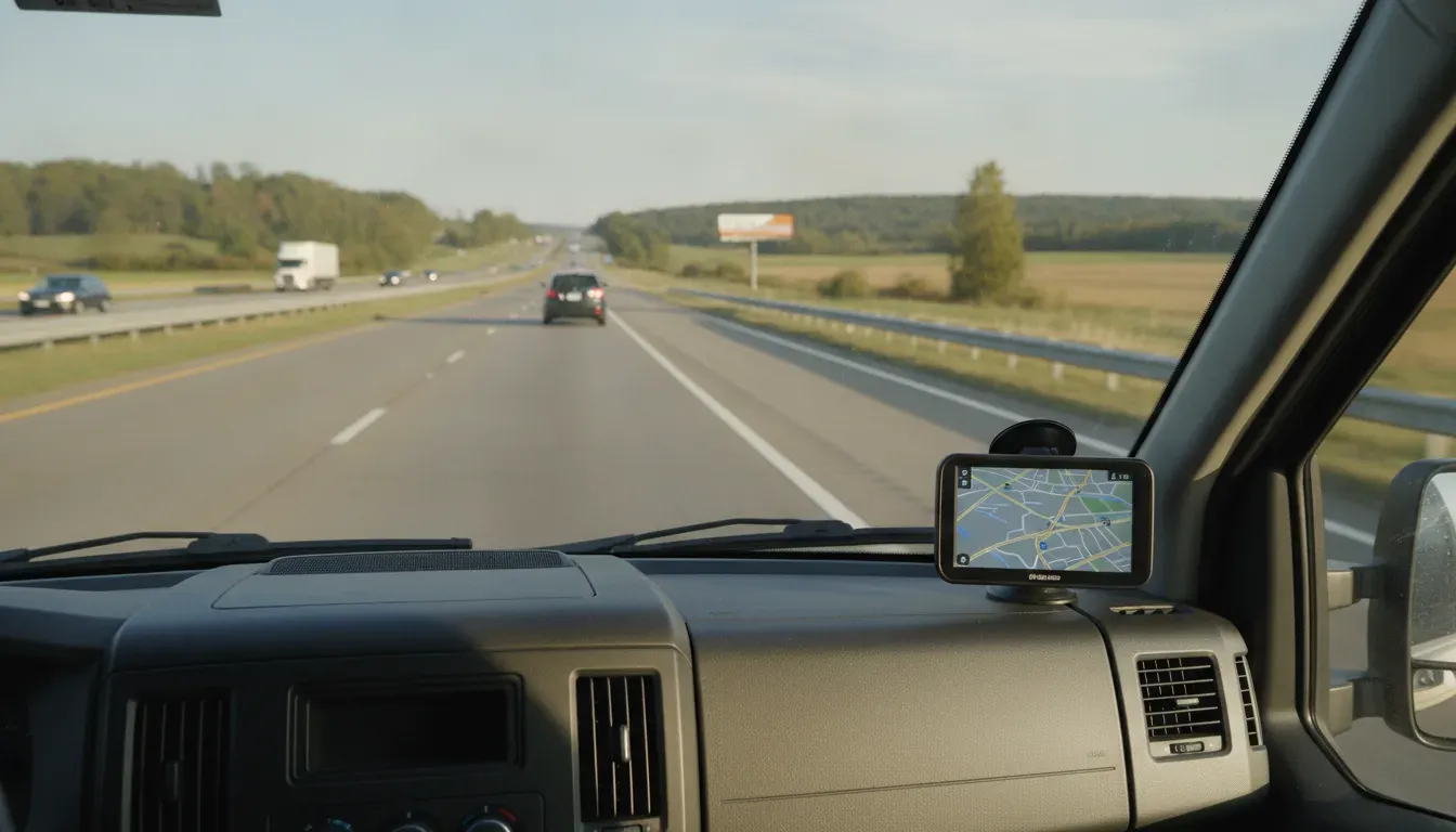 Fleet service van with a dashboard AVL tracking unit on the highway