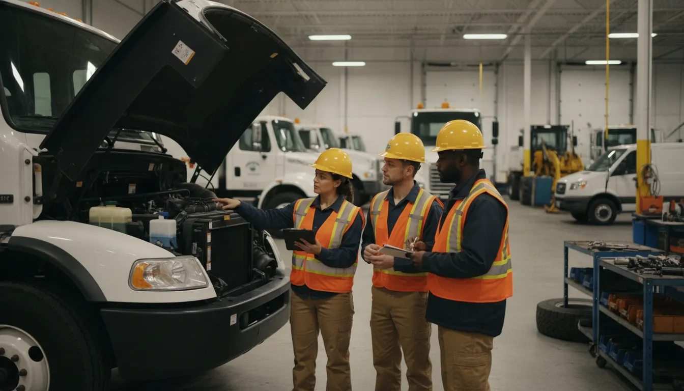 Public works crew reviewing vehicle readiness with a supervisor in a commercial garage