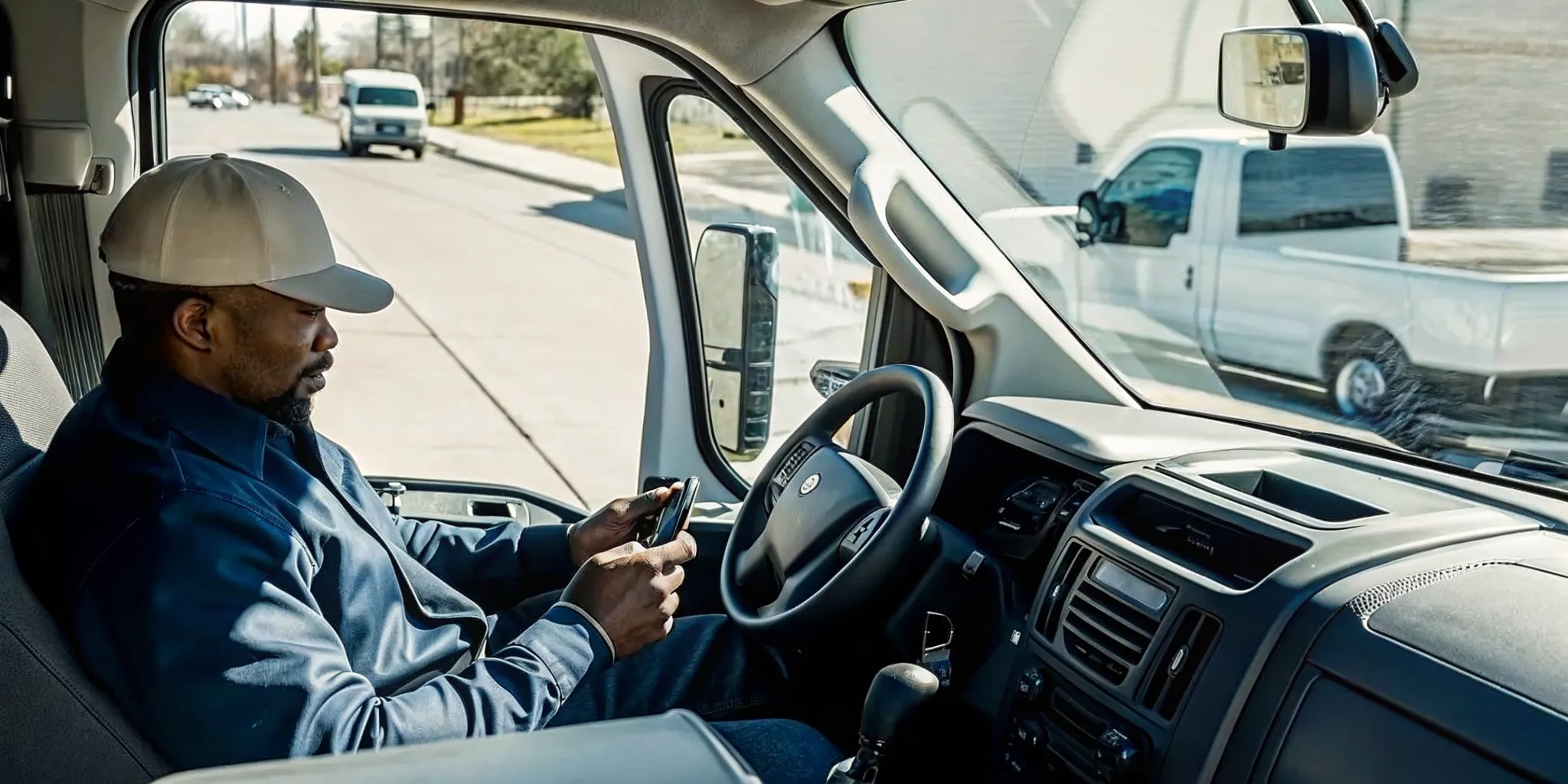 Field service van arriving at a customer job site with GPS route visibility