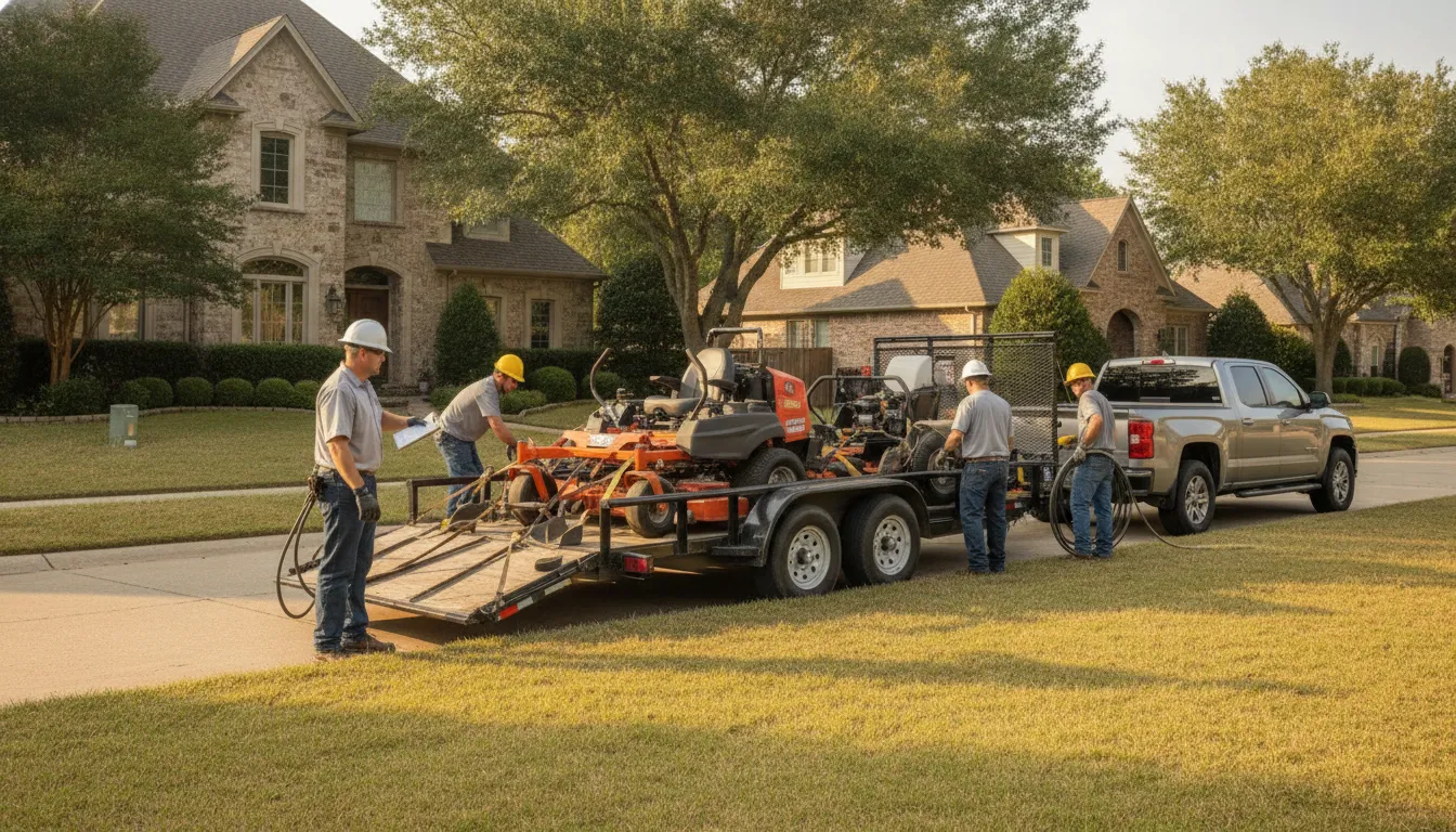 Landscaping crew organizing tracked mowers and a utility trailer at a job site