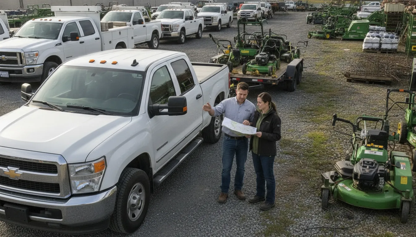 Fleet manager reviewing landscaping crew routes beside work trucks and a trailer