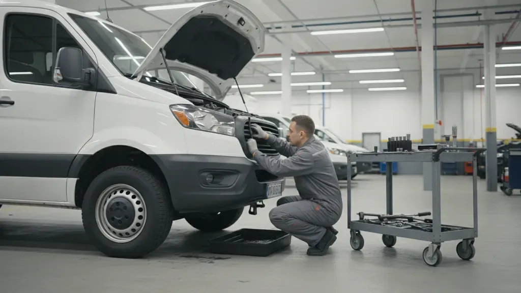 Fleet technician performing preventive maintenance on a commercial vehicle