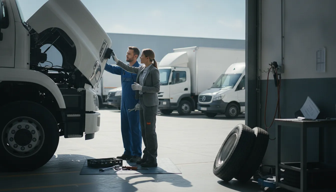 Fleet manager reviewing vehicle maintenance data beside a service truck