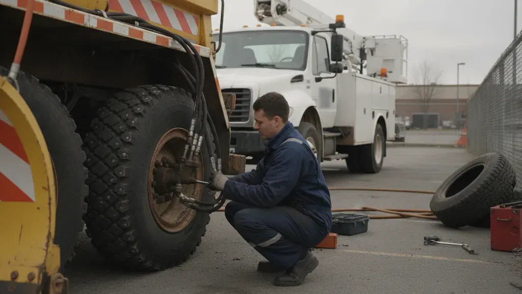 Public works fleet maintenance inspection of a snowplow and utility truck
