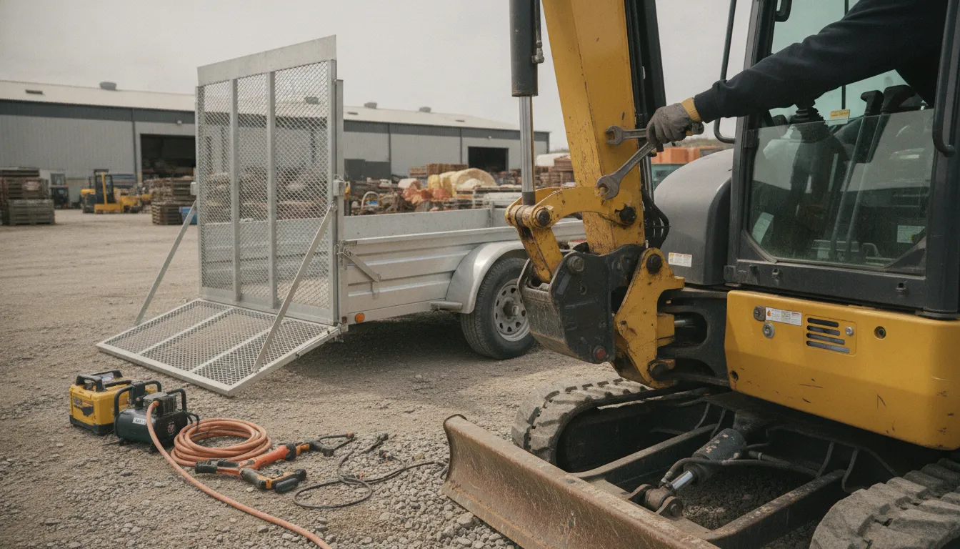 Technician checking a GPS tracker mounted on a specialty equipment trailer