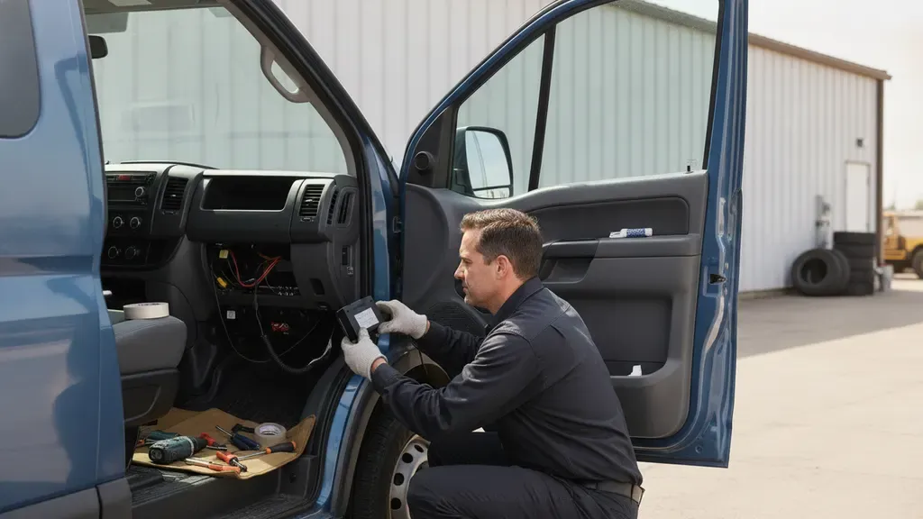 Technician installing a vehicle telematics tracker in a commercial van