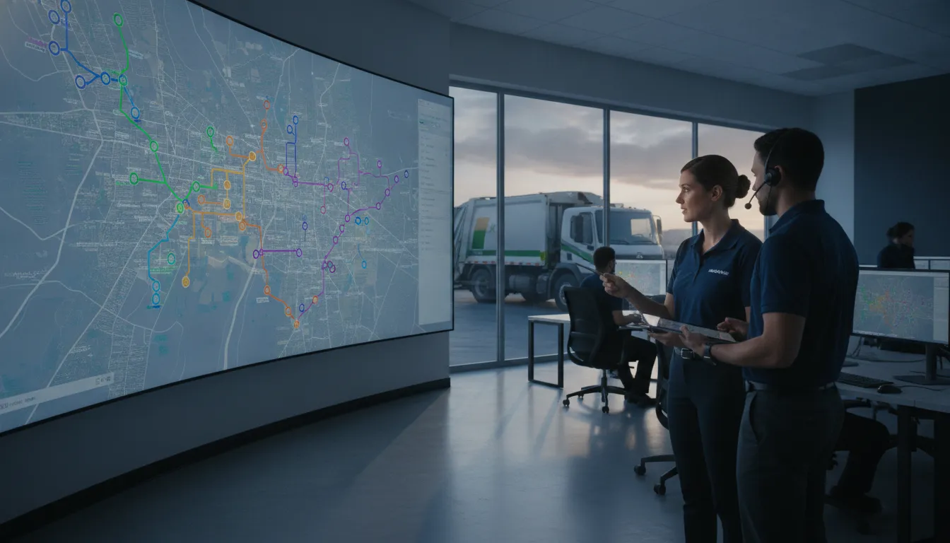 Dispatcher reviewing color-coded waste collection routes, service stops, and route constraints on a planning display