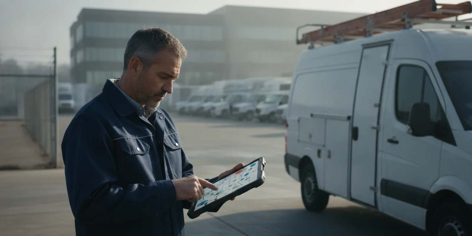 Fleet manager reviewing vehicle telematics data on a dashboard beside a work vehicle