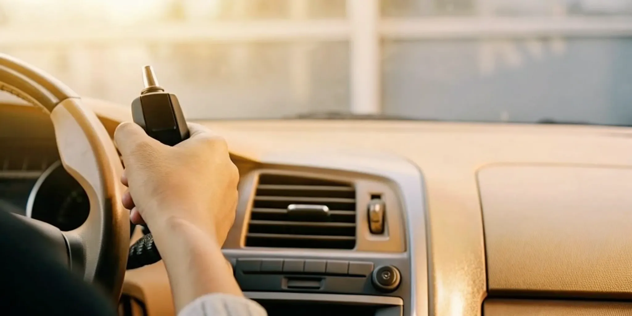 Driver providing a breath sample to an ignition interlock device mounted on a car dashboard