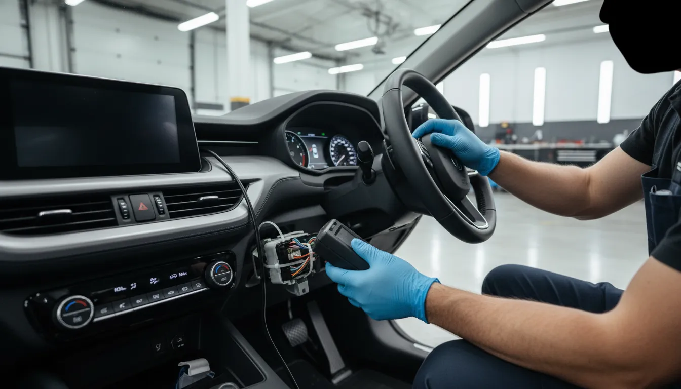 Budget IID technician installing an ignition interlock device inside a vehicle