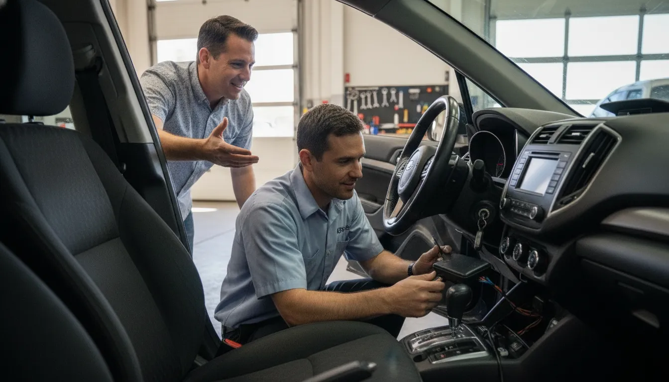Technician explaining ignition interlock service to a driver