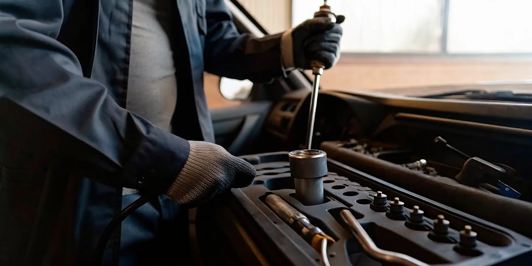 A professional service technician calibrating a car breathalyzer device