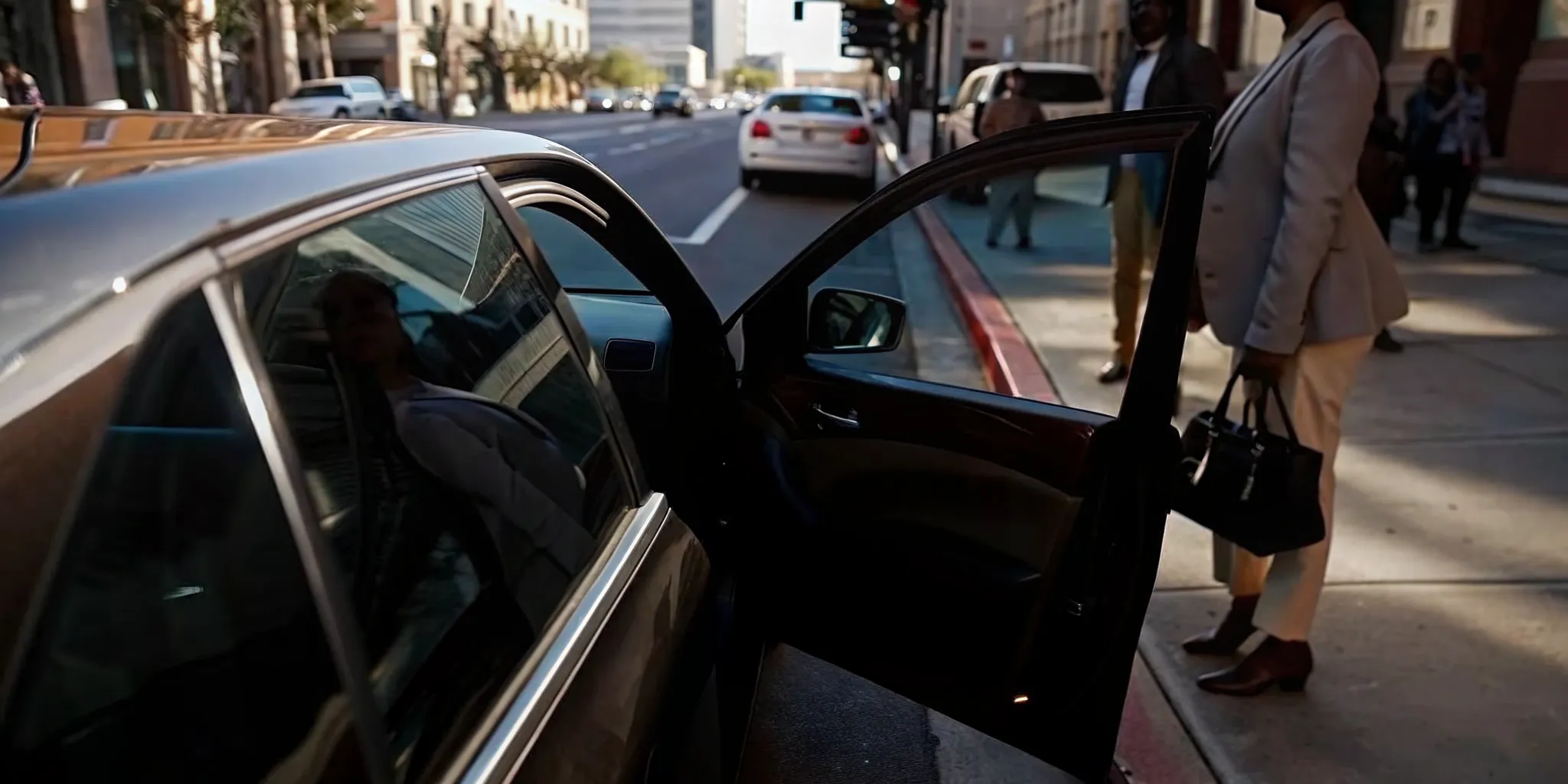 Rideshare car door being opened by a passenger as a compliant travel option instead of renting a car with an ignition interlock