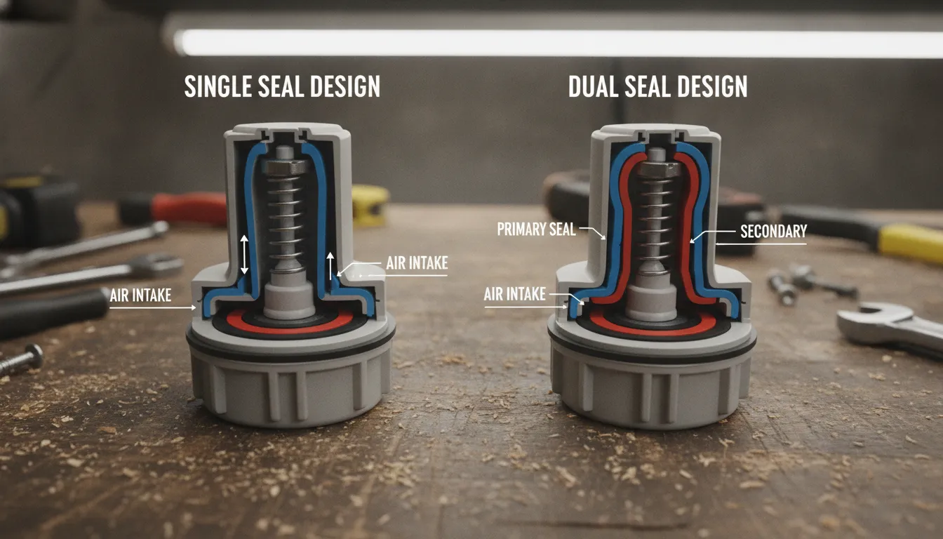 Side-by-side comparison of single-seal and dual-seal air admittance valve designs showing the internal seal mechanisms and construction differences