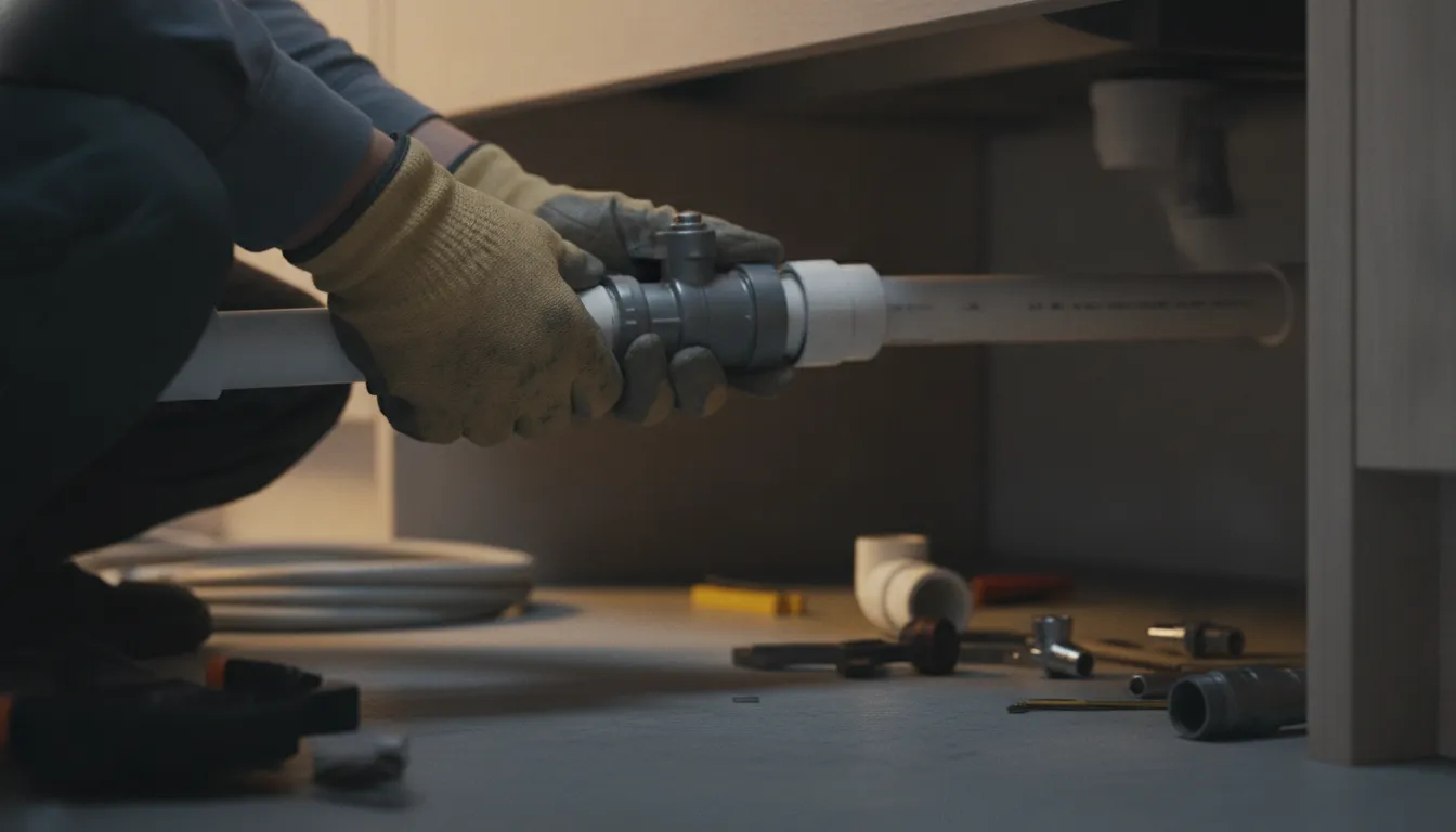 Plumber fitting a dual-seal air admittance valve onto a PVC pipe under a sink cabinet